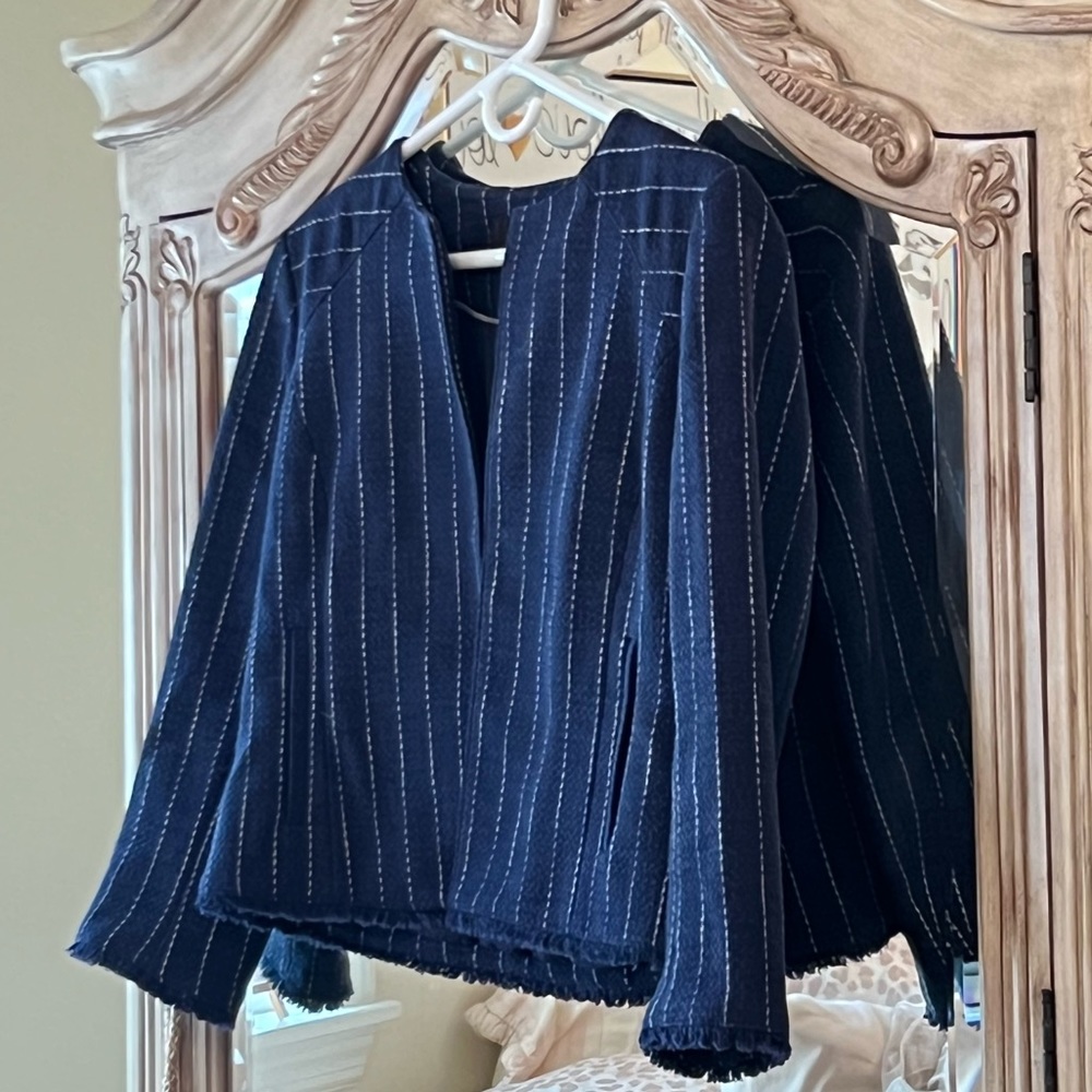 Navy Blazer with white top stitch
